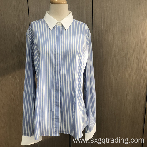 Ladies' yarn dyed stripe long sleeve contrast shirt